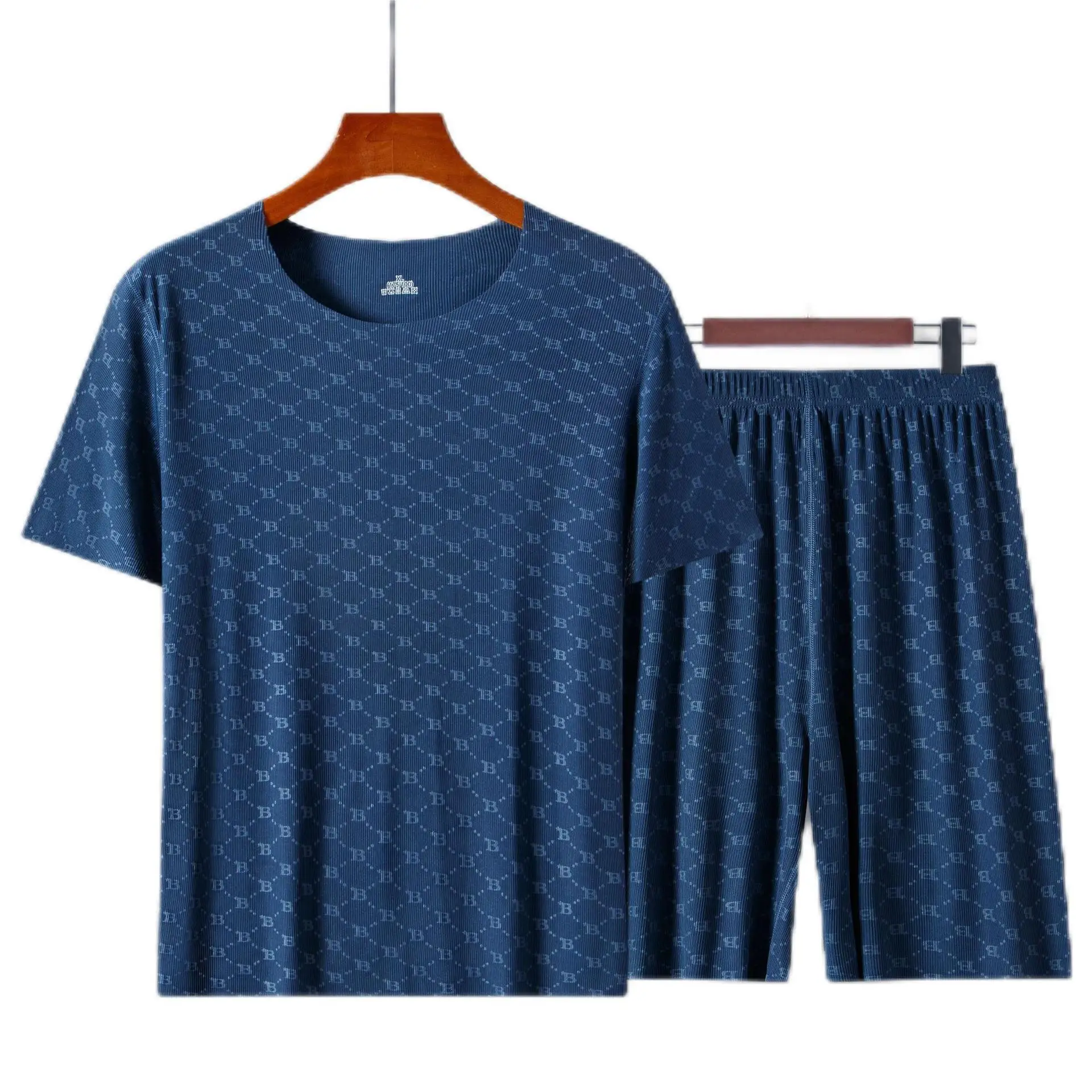 Men's Homewear Set Printed Ice Silk T-Shirt Short Sleeve Shorts Two-Piece Set Modal Casual Silky Cooling Sleepwear Men's Set