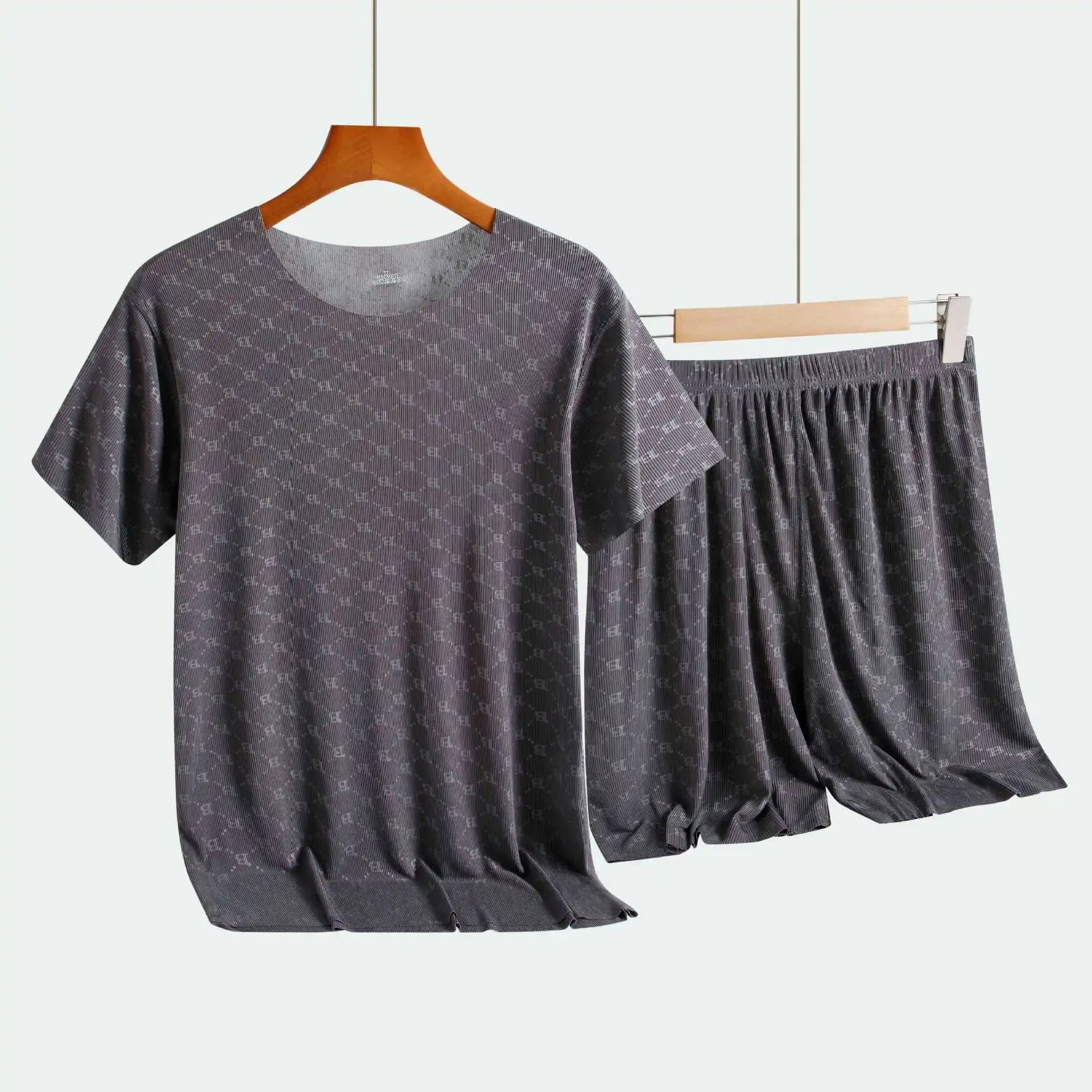 Men's Homewear Set Printed Ice Silk T-Shirt Short Sleeve Shorts Two-Piece Set Modal Casual Silky Cooling Sleepwear Men's Set
