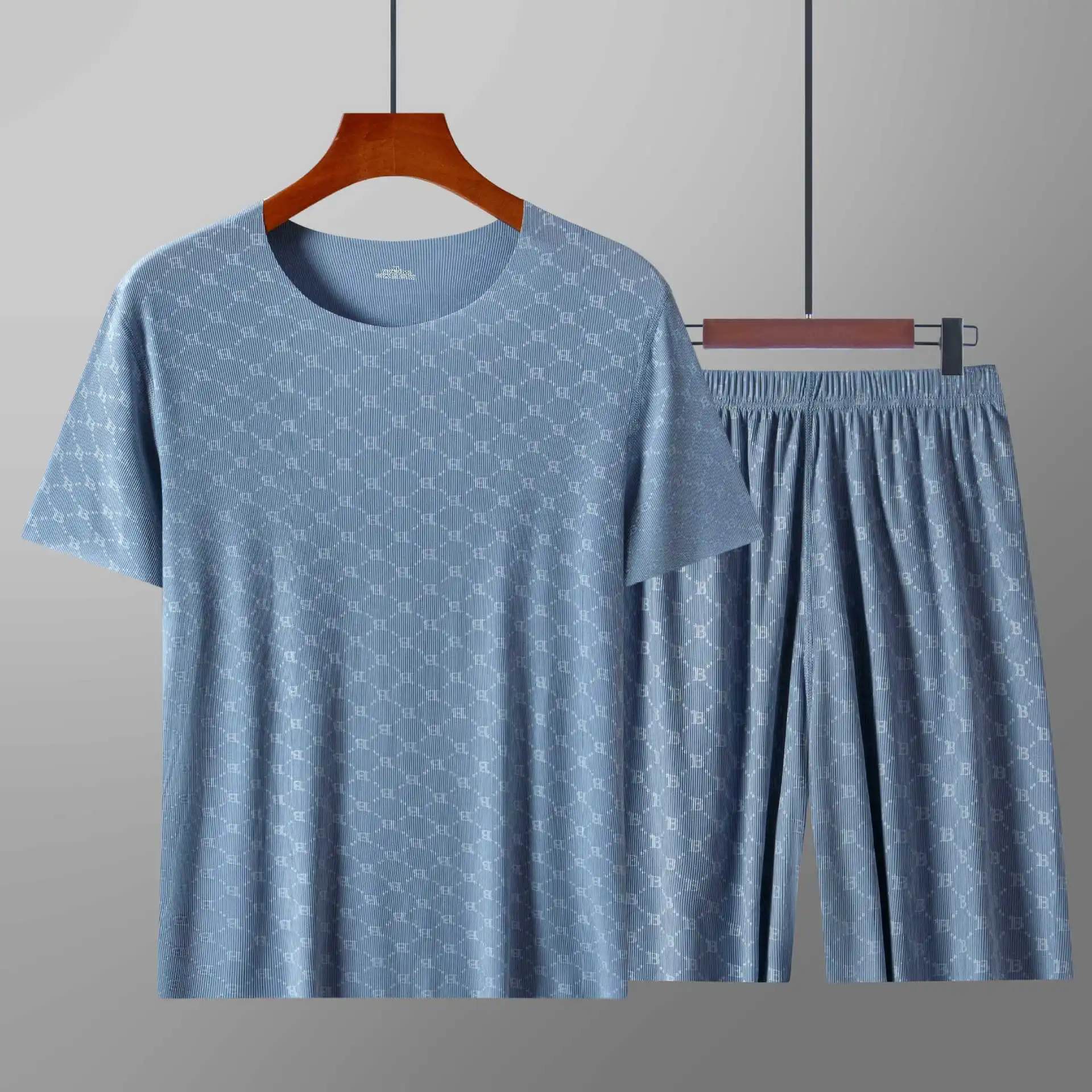 Men's Homewear Set Printed Ice Silk T-Shirt Short Sleeve Shorts Two-Piece Set Modal Casual Silky Cooling Sleepwear Men's Set