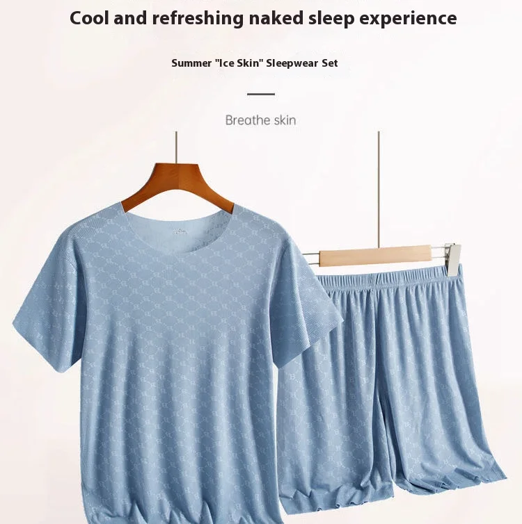 Men's Homewear Set Printed Ice Silk T-Shirt Short Sleeve Shorts Two-Piece Set Modal Casual Silky Cooling Sleepwear Men's Set