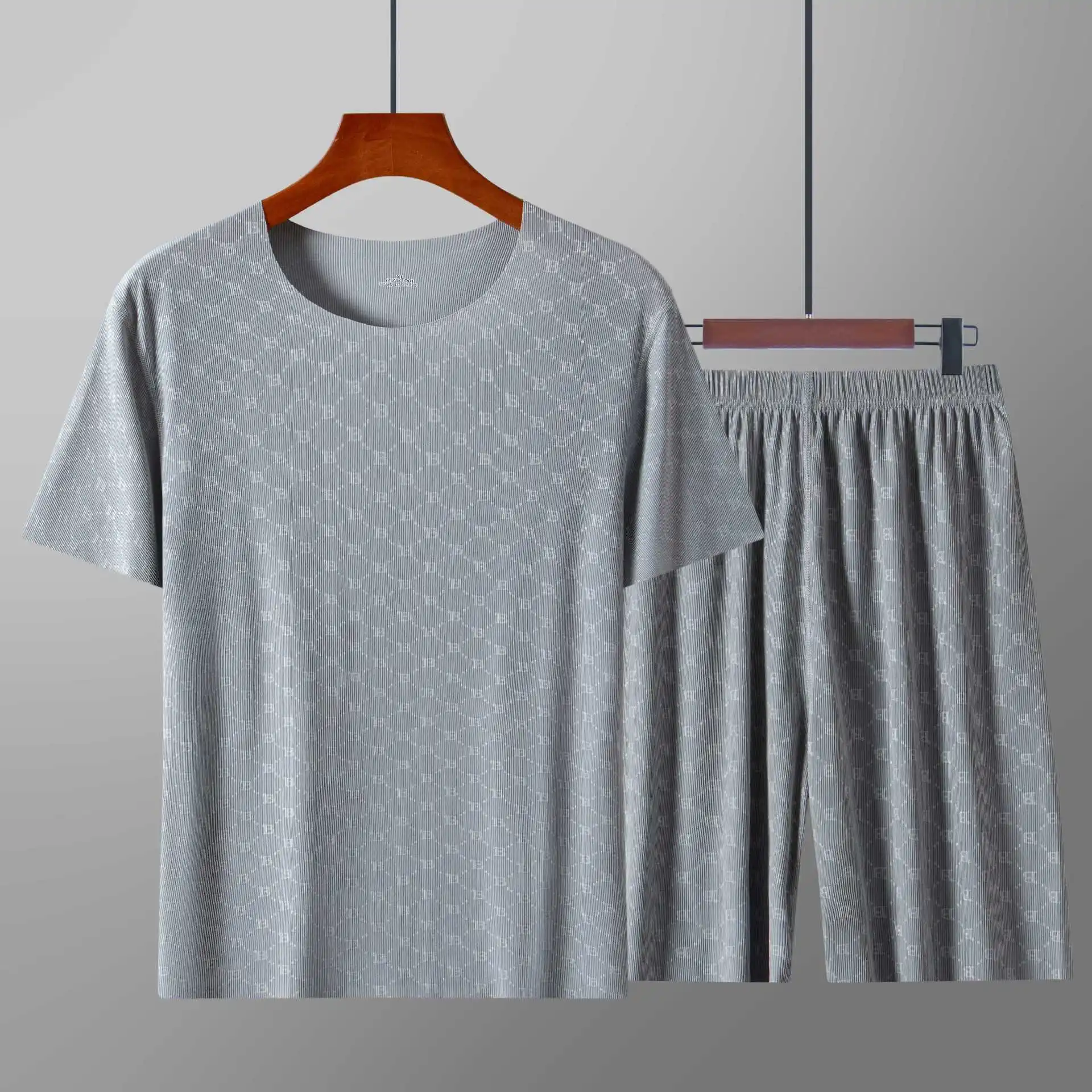 Men's Homewear Set Printed Ice Silk T-Shirt Short Sleeve Shorts Two-Piece Set Modal Casual Silky Cooling Sleepwear Men's Set