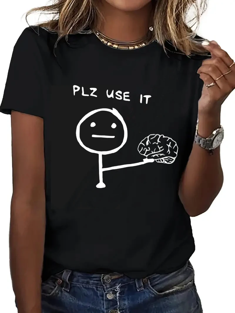 Funny T-shirt Humorous "PLZ USE IT" Brain Print Short Sleeve T Shirt Clothing Top Tee Summer Ladies Girls Shirt