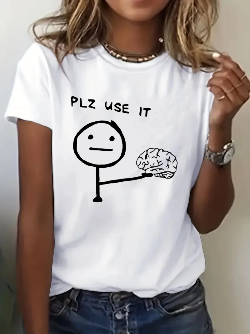 Funny T-shirt Humorous "PLZ USE IT" Brain Print Short Sleeve T Shirt Clothing Top Tee Summer Ladies Girls Shirt