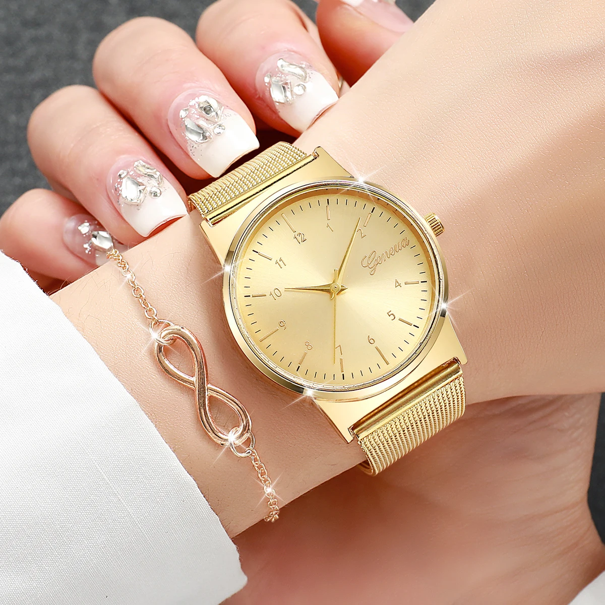 2PCS/Set Fashion Mesh Band Women Watches Set Simple Arabic Dial Ladies Quartz Wristwatch Bracelet Set Reloj Mujer(Without Box)