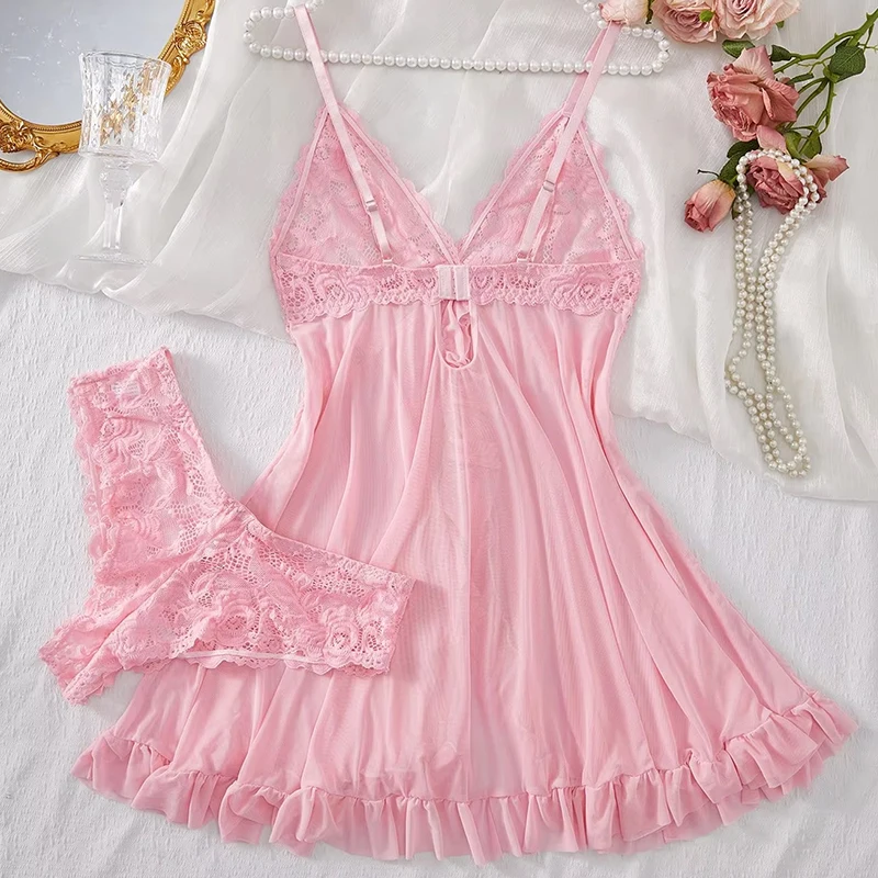 2 Pcs Lace Nightgown Women Deep V Neck Bra Panties Set Transparent Underwear Solid Slim Soft Split Nightdress Sexy Lingerie Sets