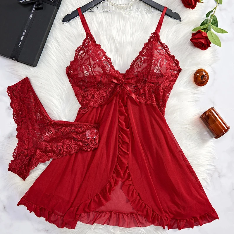 2 Pcs Lace Nightgown Women Deep V Neck Bra Panties Set Transparent Underwear Solid Slim Soft Split Nightdress Sexy Lingerie Sets