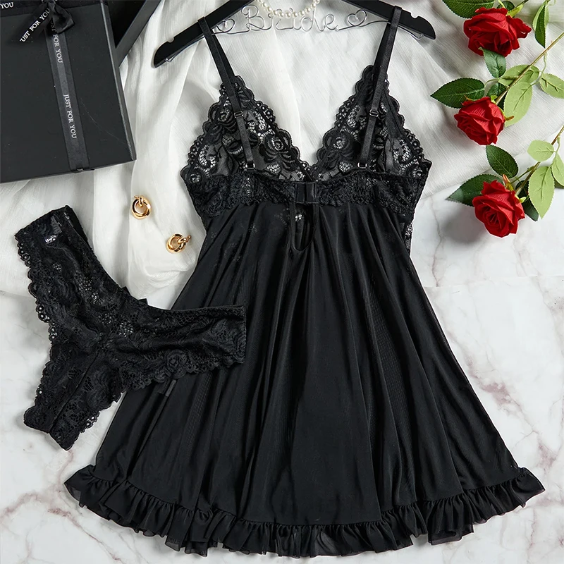 2 Pcs Lace Nightgown Women Deep V Neck Bra Panties Set Transparent Underwear Solid Slim Soft Split Nightdress Sexy Lingerie Sets