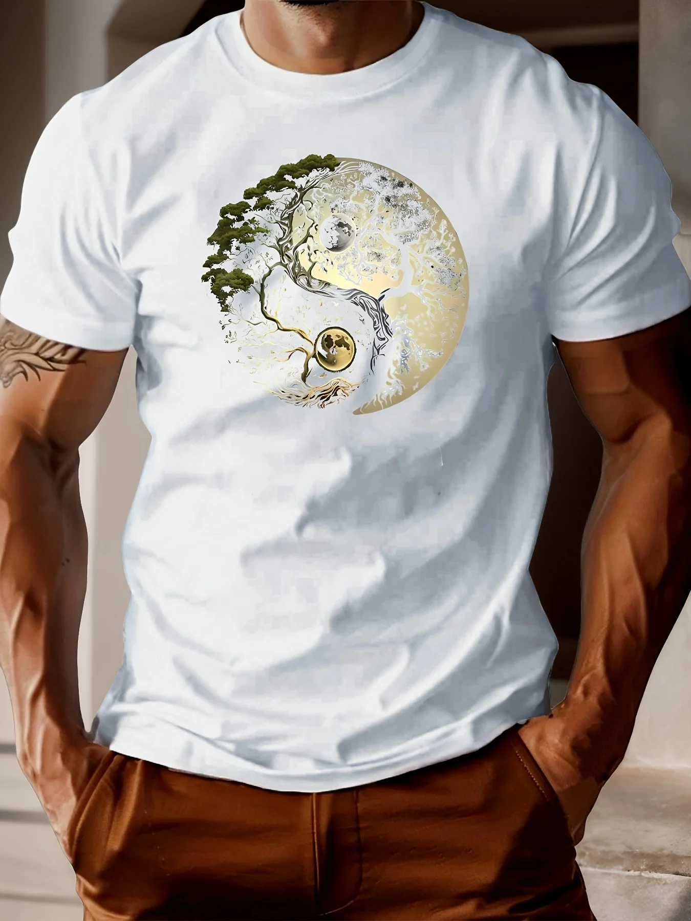 Men's Summer 100% Pure Cotton Casual Loose Sports T-Shirt Yin-Yang Tree Pattern Print Round Neck Short-Sleeved Top