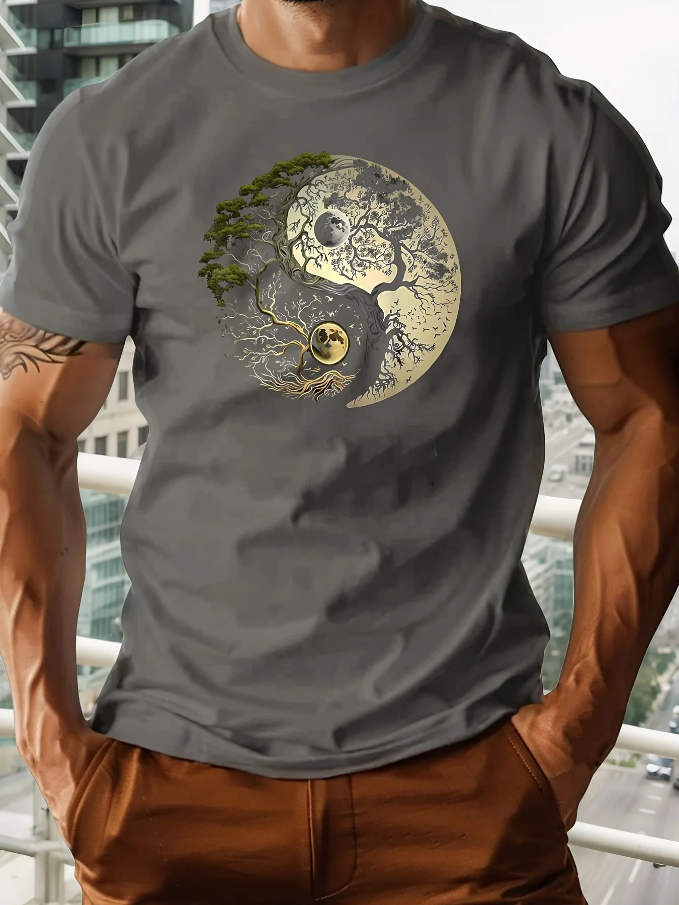 Men's Summer 100% Pure Cotton Casual Loose Sports T-Shirt Yin-Yang Tree Pattern Print Round Neck Short-Sleeved Top
