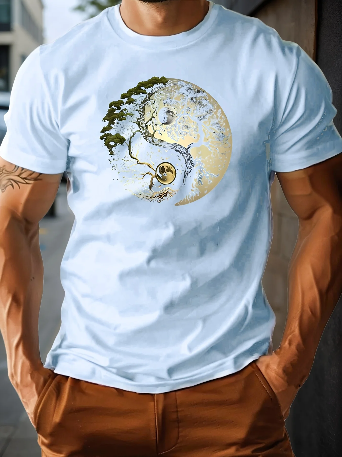 Men's Summer 100% Pure Cotton Casual Loose Sports T-Shirt Yin-Yang Tree Pattern Print Round Neck Short-Sleeved Top