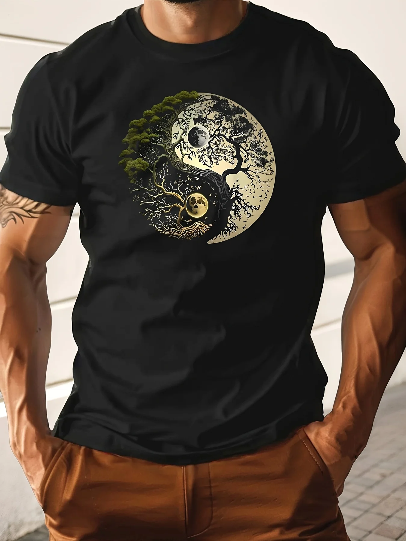 Men's Summer 100% Pure Cotton Casual Loose Sports T-Shirt Yin-Yang Tree Pattern Print Round Neck Short-Sleeved Top