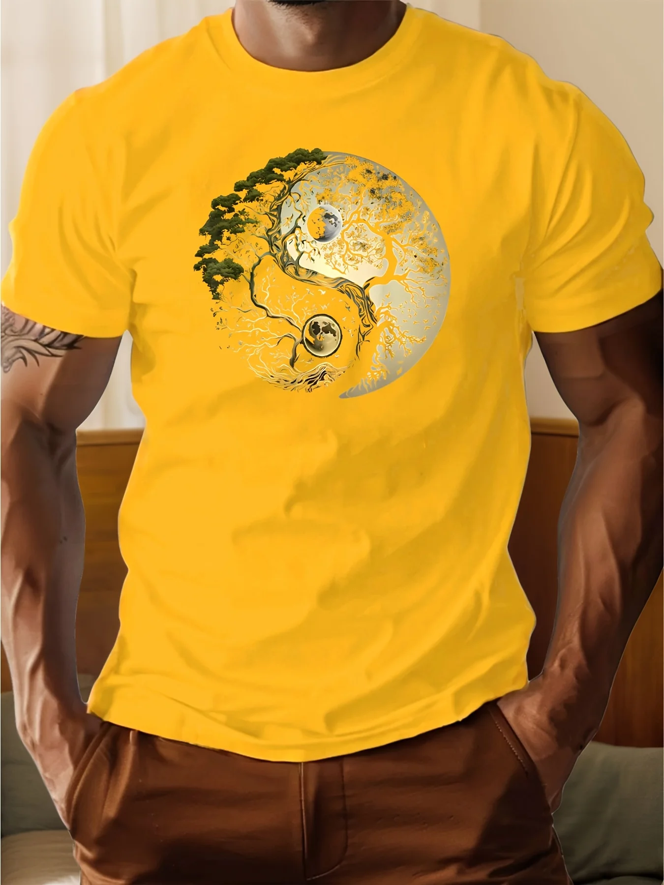 Men's Summer 100% Pure Cotton Casual Loose Sports T-Shirt Yin-Yang Tree Pattern Print Round Neck Short-Sleeved Top
