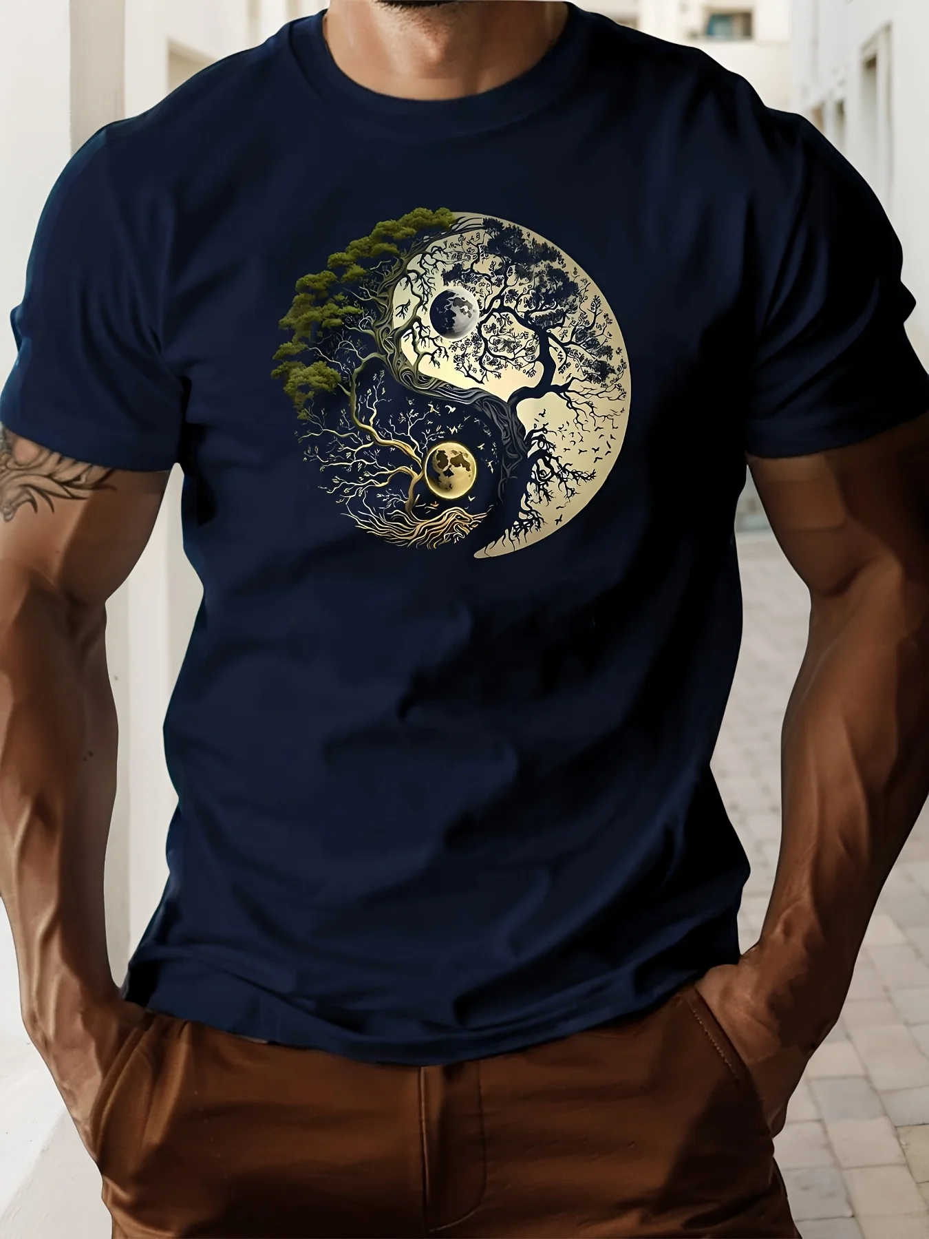 Men's Summer 100% Pure Cotton Casual Loose Sports T-Shirt Yin-Yang Tree Pattern Print Round Neck Short-Sleeved Top
