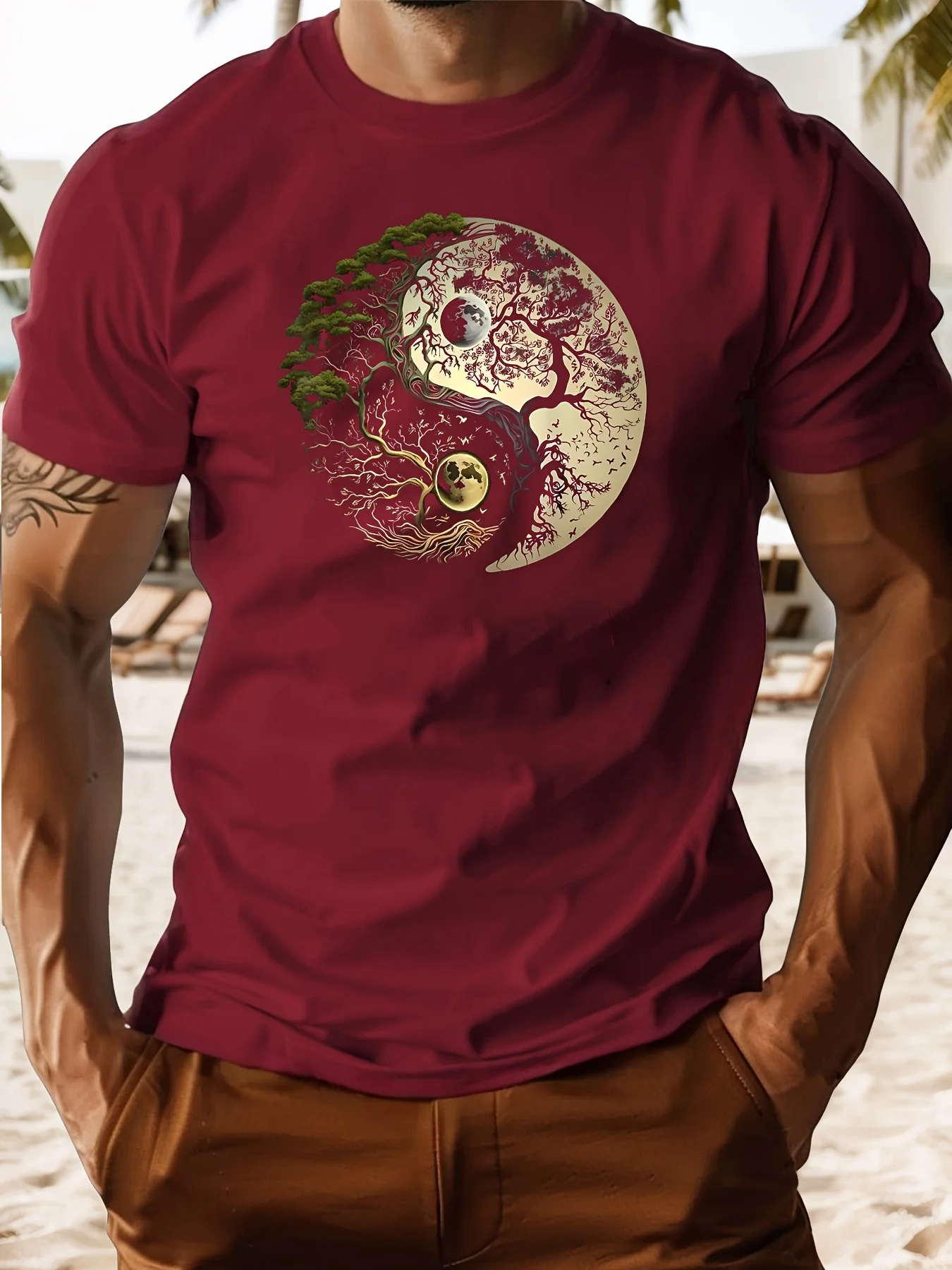 Men's Summer 100% Pure Cotton Casual Loose Sports T-Shirt Yin-Yang Tree Pattern Print Round Neck Short-Sleeved Top