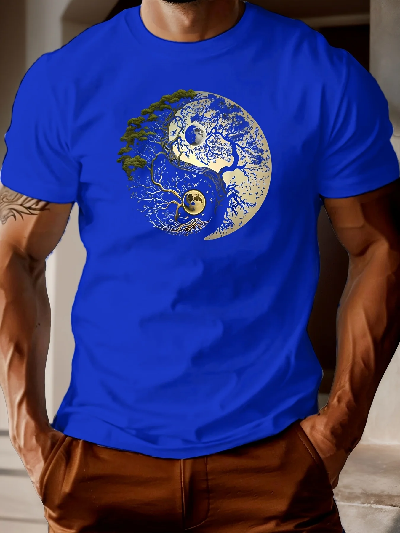 Men's Summer 100% Pure Cotton Casual Loose Sports T-Shirt Yin-Yang Tree Pattern Print Round Neck Short-Sleeved Top