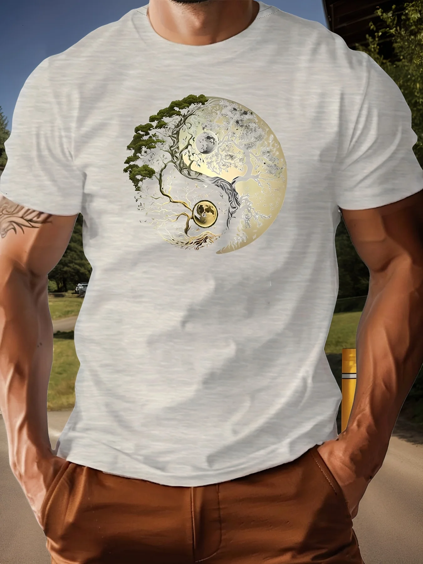 Men's Summer 100% Pure Cotton Casual Loose Sports T-Shirt Yin-Yang Tree Pattern Print Round Neck Short-Sleeved Top