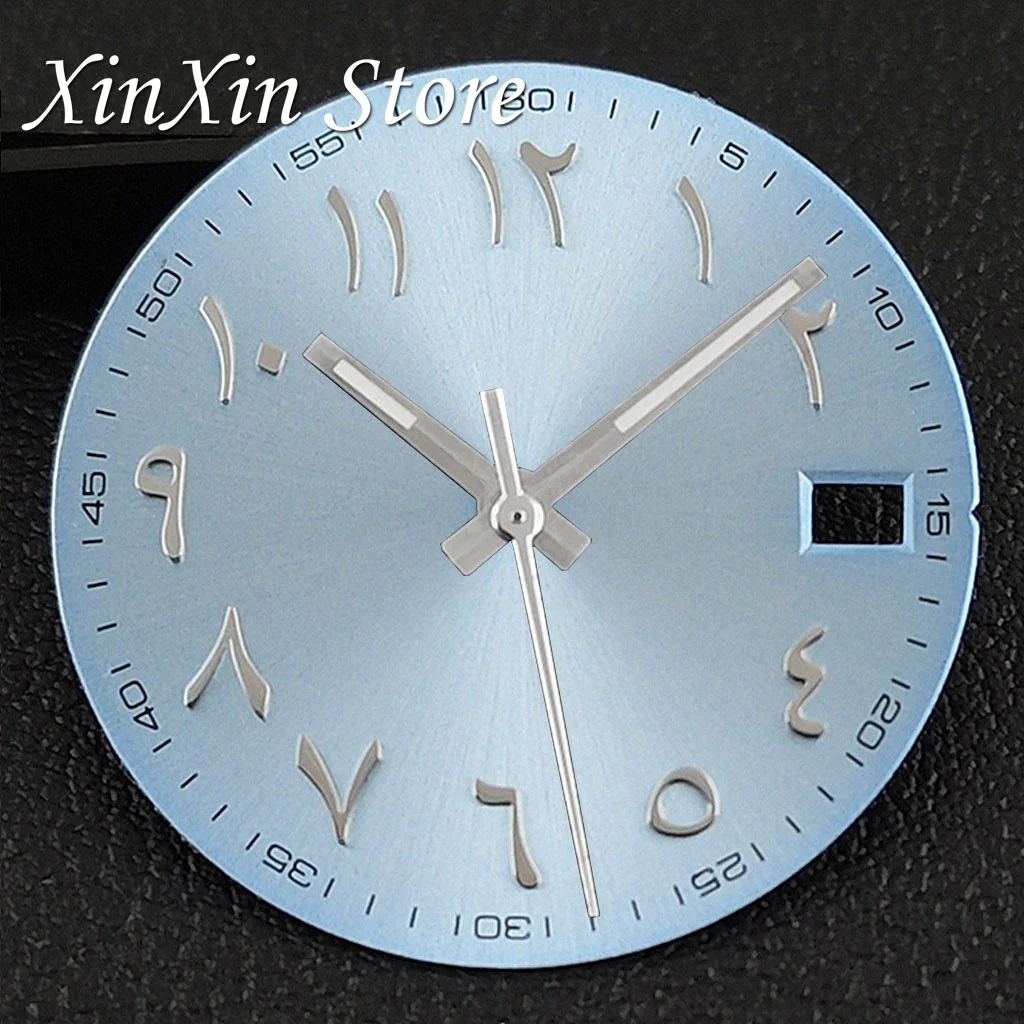 New Arabic Sky Blue NH35 28.5MM Sunburst Watch Dial Arabic Numeral Watch Faces With NH35 Watch Hands For NH35 NH36 4R Movement
