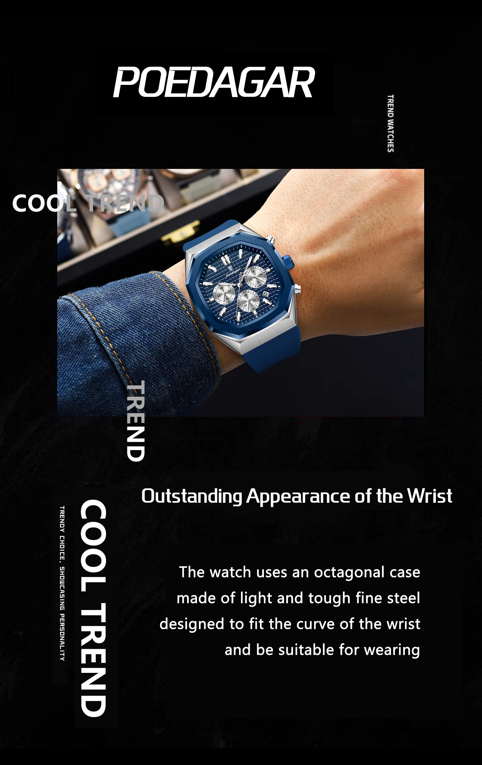 POEDAGAR Business Men's Watch Chronograph Date Silicone Strap Quartz Man Watch Waterproof Luminous Fashion Watches For Men Reloj