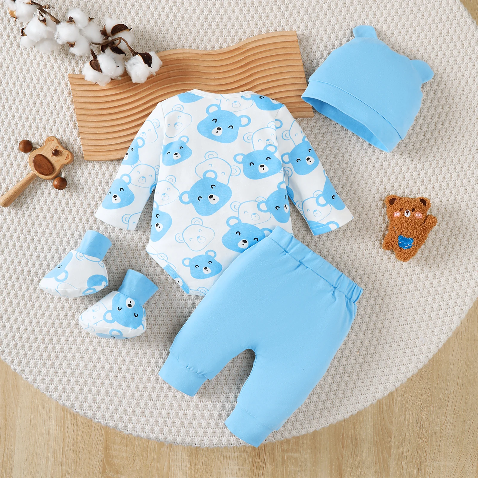 Newborn Baby Boy Set Little Bear Long Sleeved Jumpsuit+Long Pants+Hat+Socks 4Pcs/Set 0-9 Month Baby Boy Spring and Autumn Set