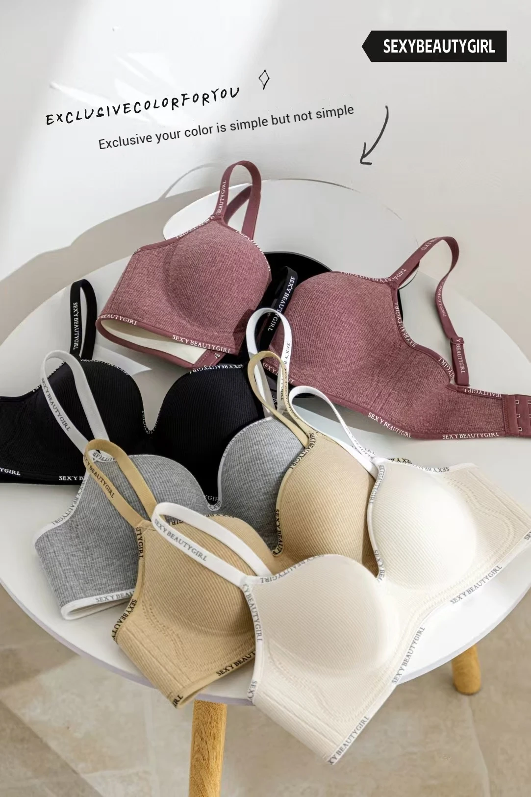 Trendy 2Pcs/Set Women's Seamless Solid Color Bras Sexy Letter Straps Wireless Push Up Underwear New Ladies Deep V Neck Brassiere