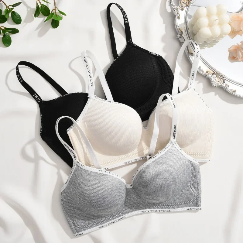 Trendy 2Pcs/Set Women's Seamless Solid Color Bras Sexy Letter Straps Wireless Push Up Underwear New Ladies Deep V Neck Brassiere