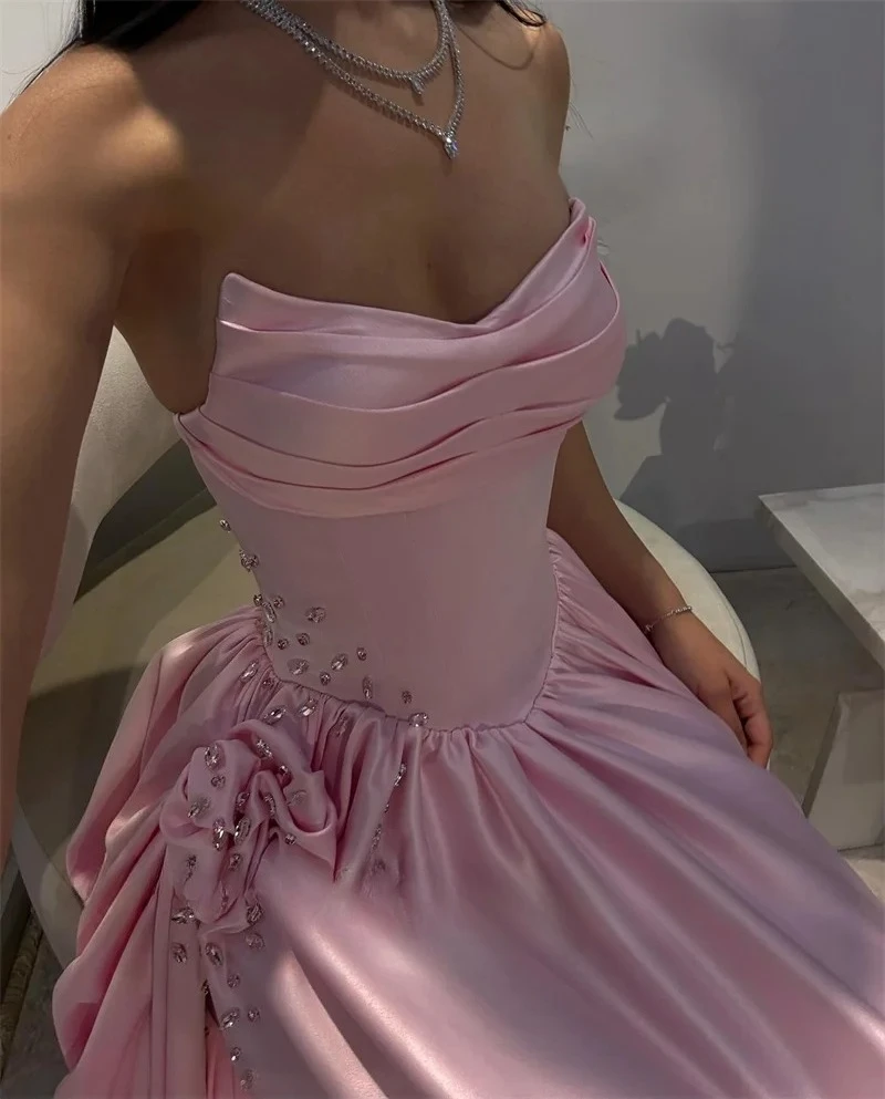 Wedding Dresses A-Line Strapless Floor-Length Pleat Bridal Dress Side Silt Flower Gown High Quality Prom Party Gowns Customized