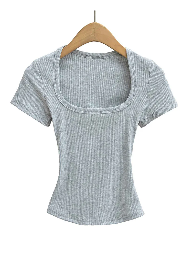 Women's Slim Fit Square Collar Crop Top High Stretch Short Sleeve Pullover Sexy Summer Blouse T-shirt for Bottoming