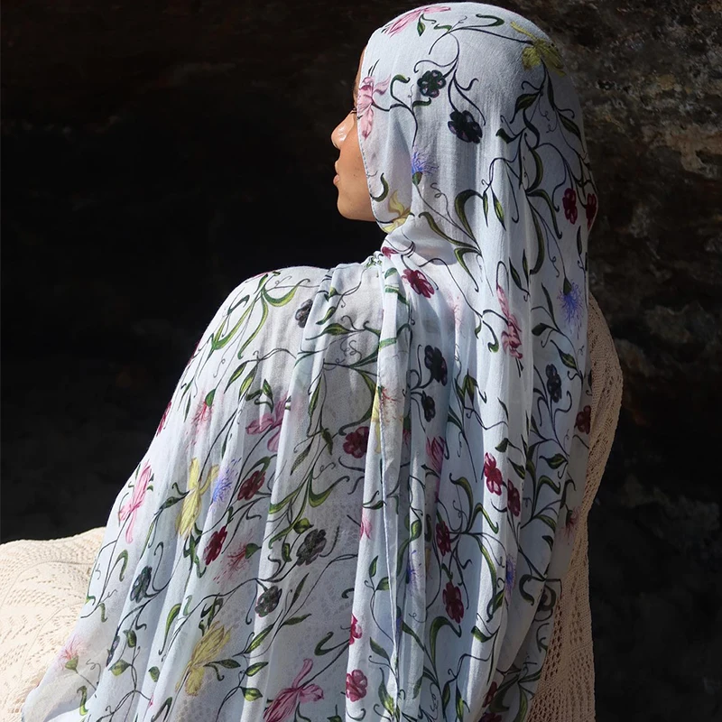 Ramadan Hijab for Women Bohemian Floral Print Shawl Watercolor Soft Muslim Hijabs Lightweight Wrap Scarf Headscarf Summer Beach