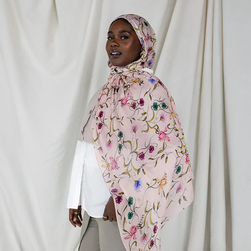 Ramadan Hijab for Women Bohemian Floral Print Shawl Watercolor Soft Muslim Hijabs Lightweight Wrap Scarf Headscarf Summer Beach
