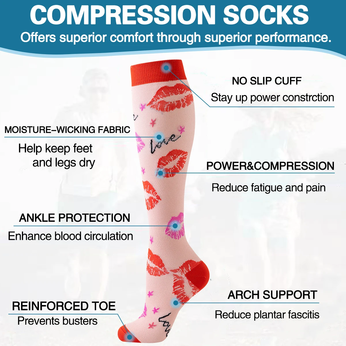 6 Pairs Golden Color Heart Compression Socks Women Nurse Compression stocking Fashion Girl Women Compression Socks Nurse