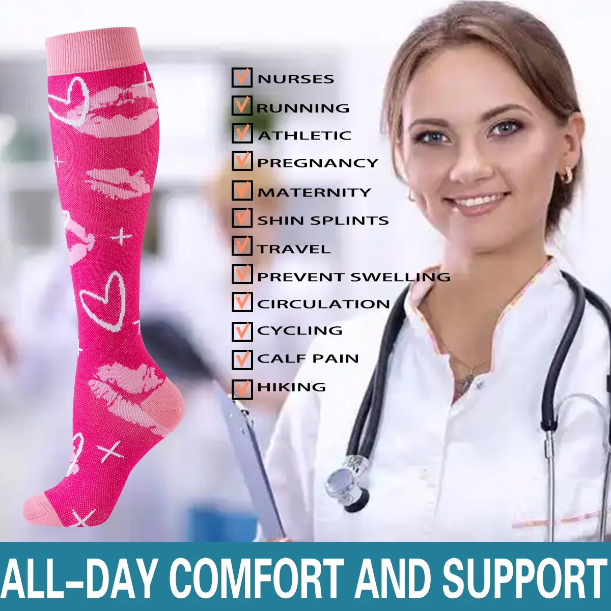 6 Pairs Golden Color Heart Compression Socks Women Nurse Compression stocking Fashion Girl Women Compression Socks Nurse