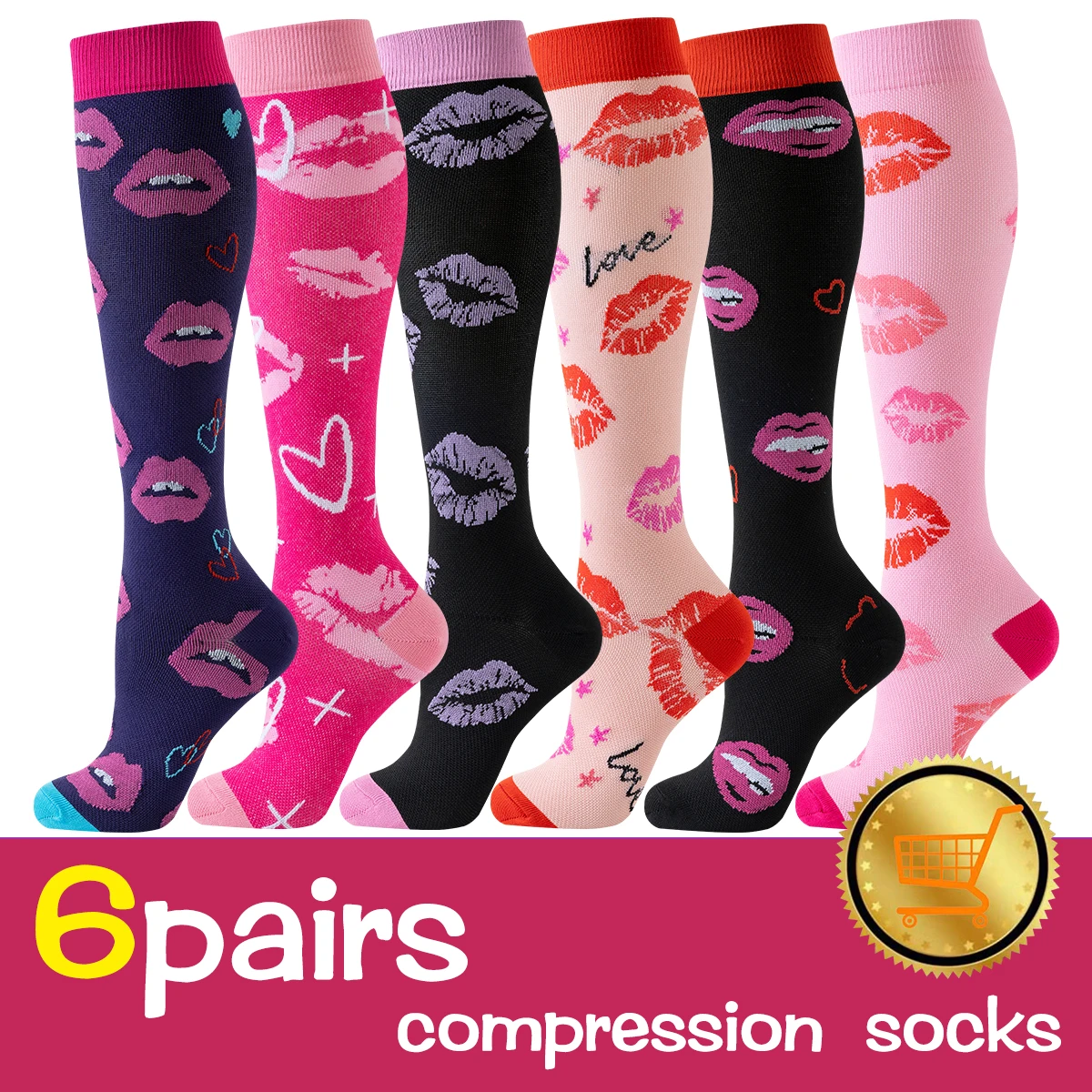 6 Pairs Golden Color Heart Compression Socks Women Nurse Compression stocking Fashion Girl Women Compression Socks Nurse