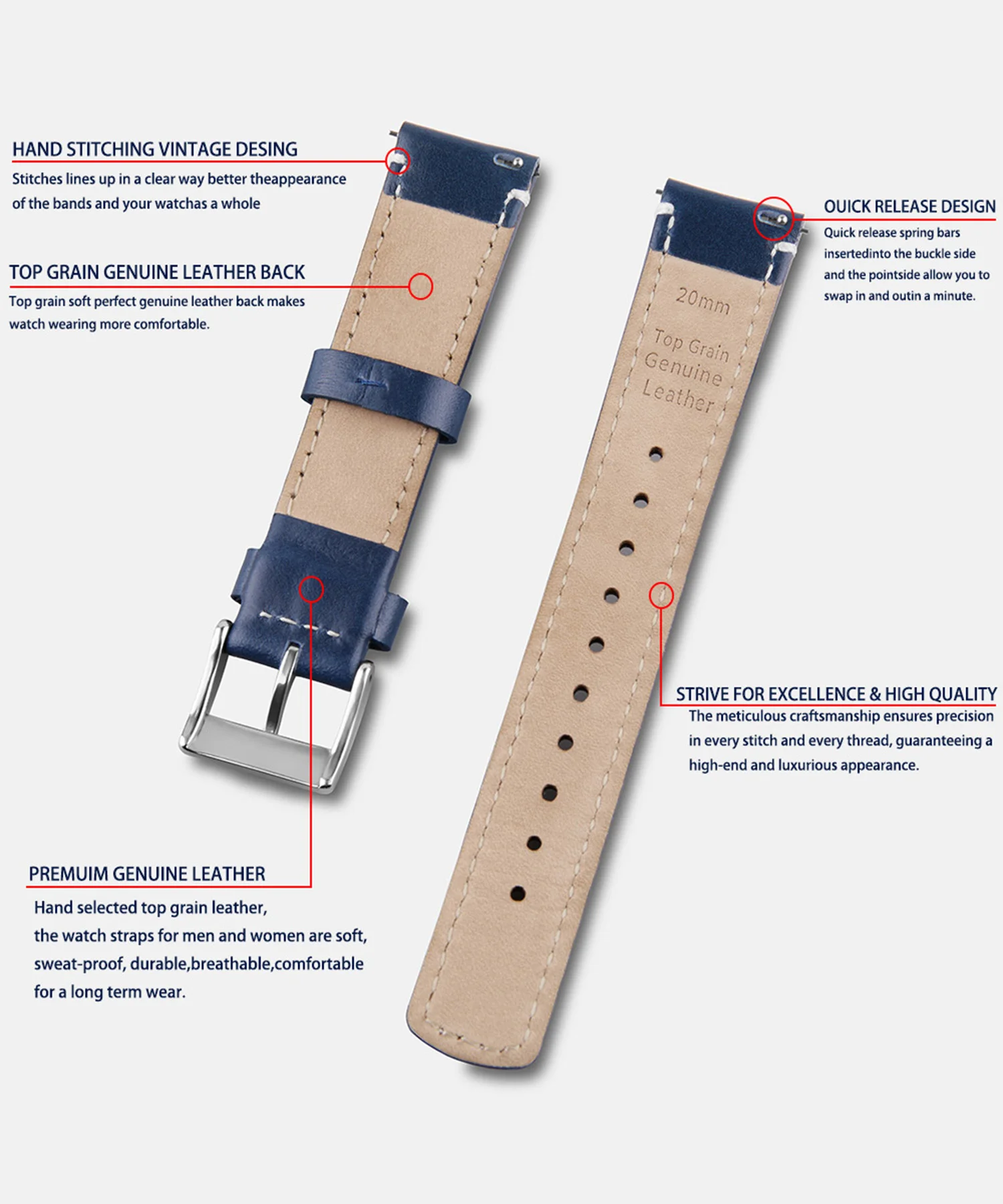 Top Grain Genuine Leather Watch Band, Quick Release 20mm/22mm Watch Strap, Fits Samsung Galaxy Watch, Men and Women Watch band