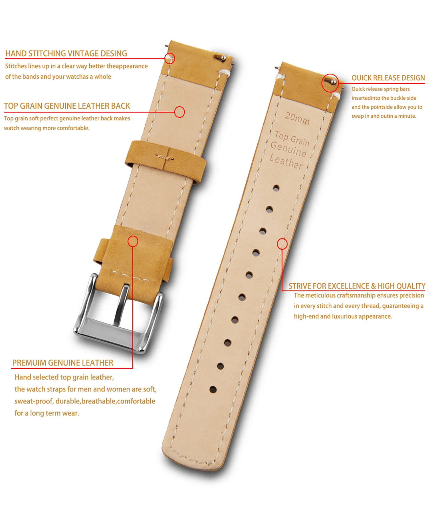 Top Grain Genuine Leather Watch Band, Quick Release 20mm/22mm Watch Strap, Fits Samsung Galaxy Watch, Men and Women Watch band