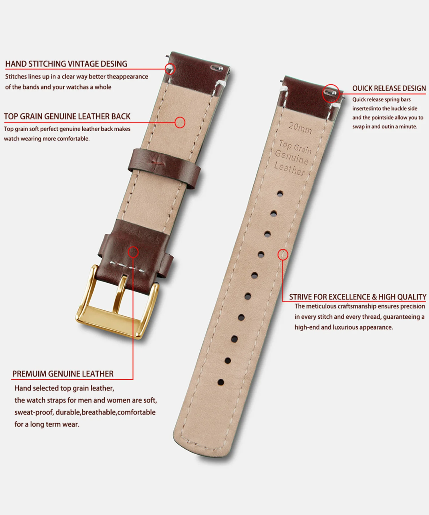 Top Grain Genuine Leather Watch Band, Quick Release 20mm/22mm Watch Strap, Fits Samsung Galaxy Watch, Men and Women Watch band