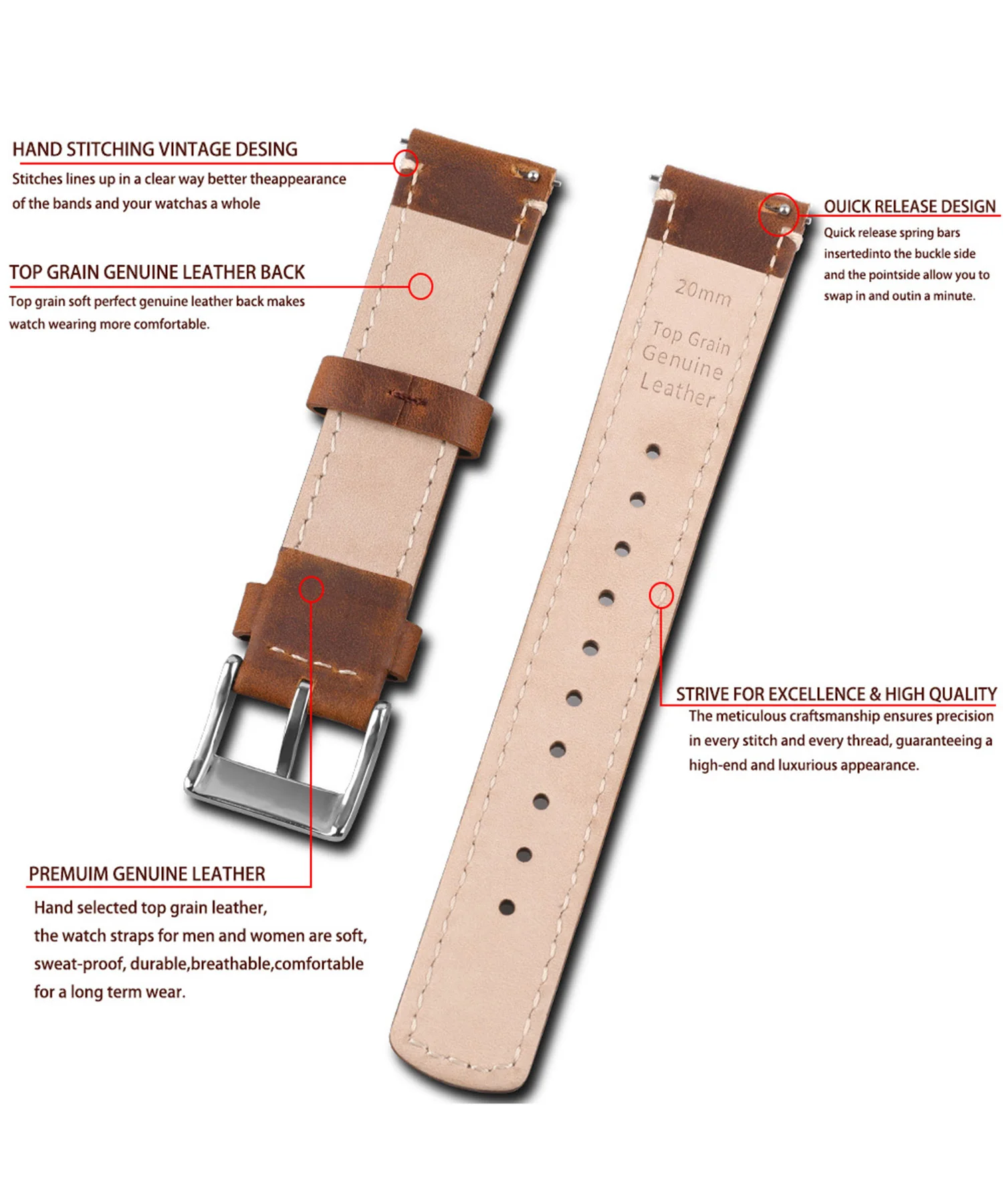 Top Grain Genuine Leather Watch Band, Quick Release 20mm/22mm Watch Strap, Fits Samsung Galaxy Watch, Men and Women Watch band