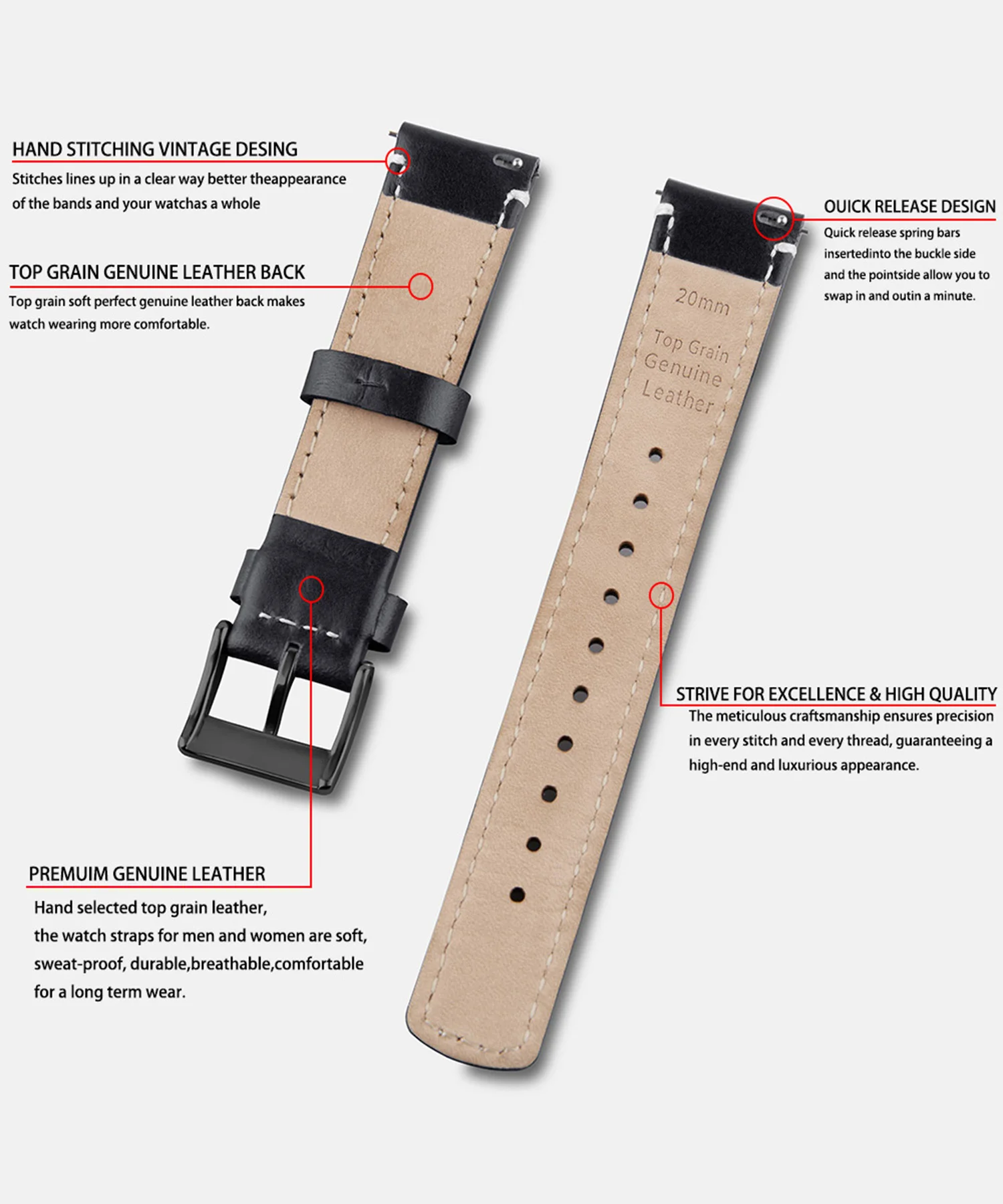 Top Grain Genuine Leather Watch Band, Quick Release 20mm/22mm Watch Strap, Fits Samsung Galaxy Watch, Men and Women Watch band