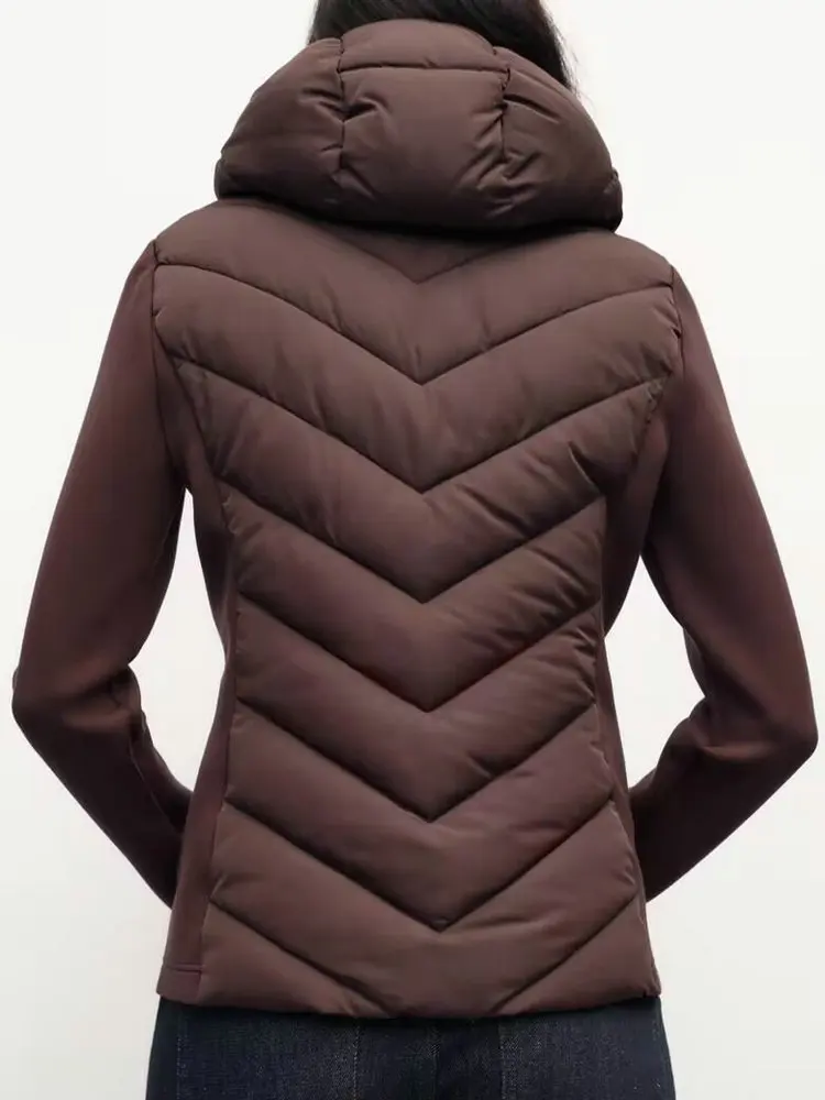 2026 Autumn Winter Women's Elegant Patchwork Hooded Air Cotton Jackets Lady Fashion Army Green Warm Slim Fit Sports Parkas Coats