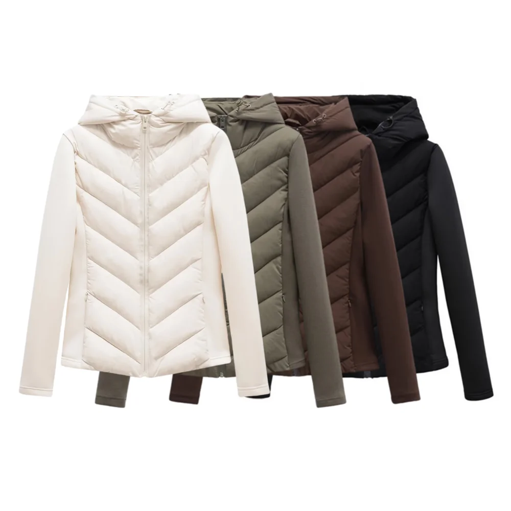 2026 Autumn Winter Women's Elegant Patchwork Hooded Air Cotton Jackets Lady Fashion Army Green Warm Slim Fit Sports Parkas Coats