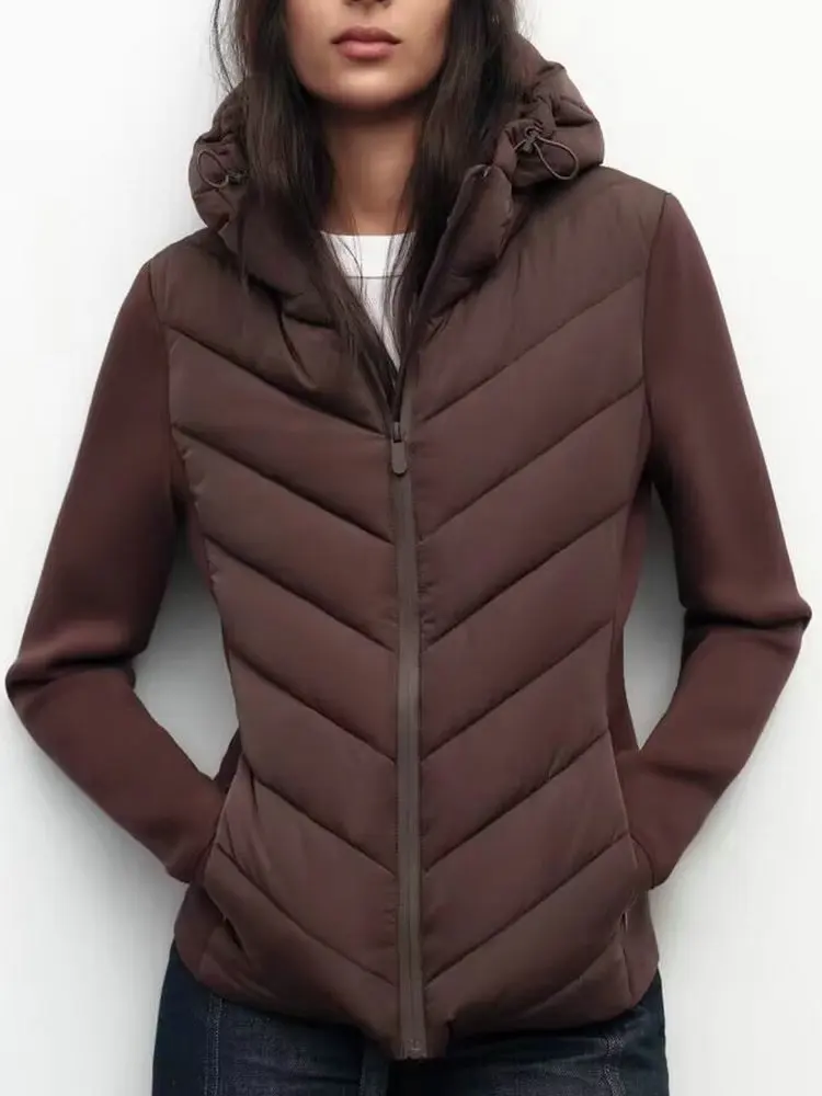 2026 Autumn Winter Women's Elegant Patchwork Hooded Air Cotton Jackets Lady Fashion Army Green Warm Slim Fit Sports Parkas Coats
