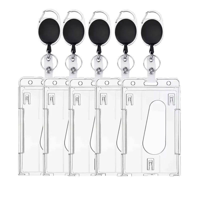 1/5Pcs Keychain Badge Reel Retractable Pass Work Permit Case Sleeve Dual Card Slot Card Holder Protector ID Tag Cover