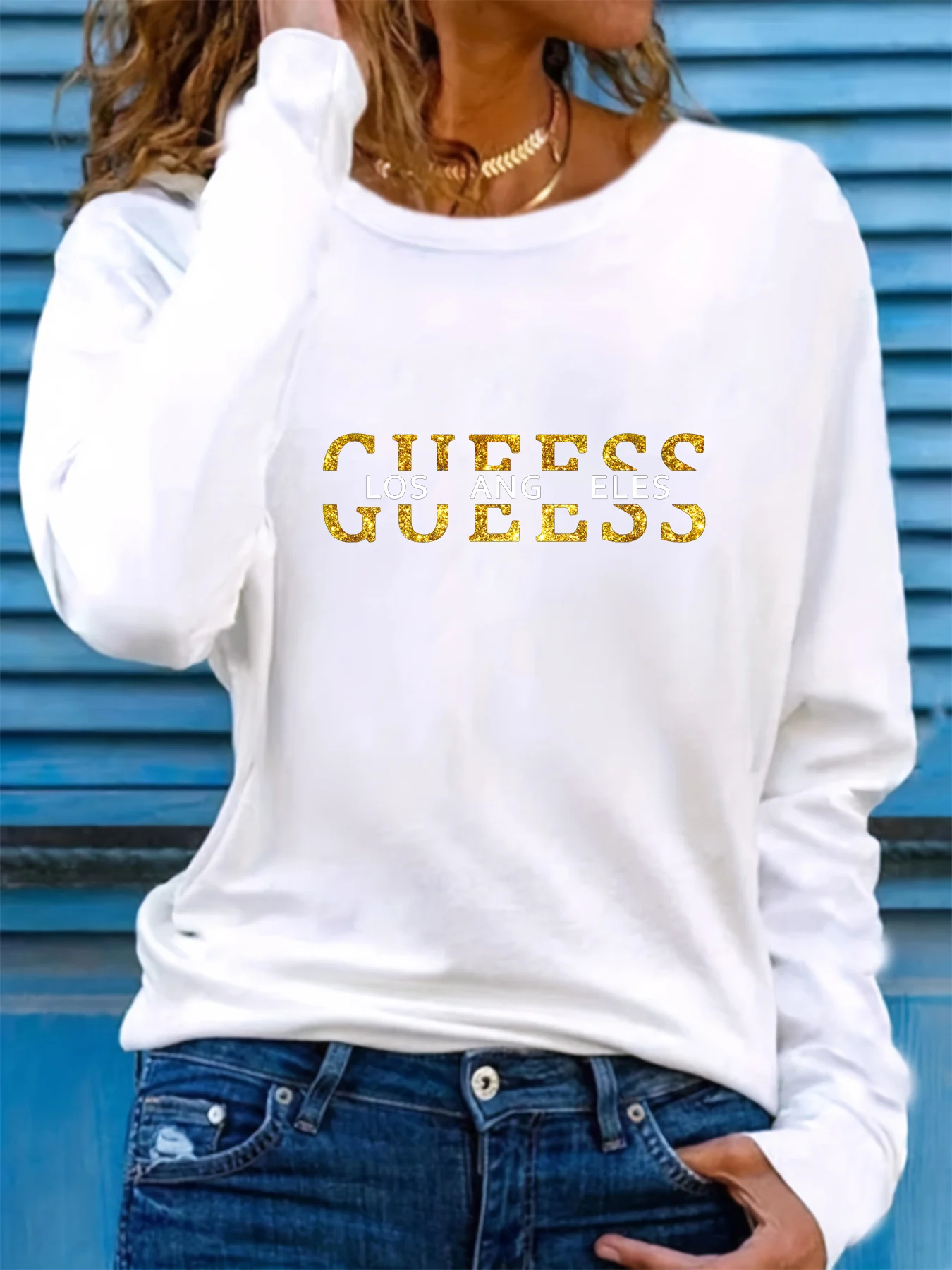 Spring and Autumn Women's 100% Cotton Fashion Casual Loose Los Angeles Letter Pattern Printed Long Sleeve Round Neck T-shirt