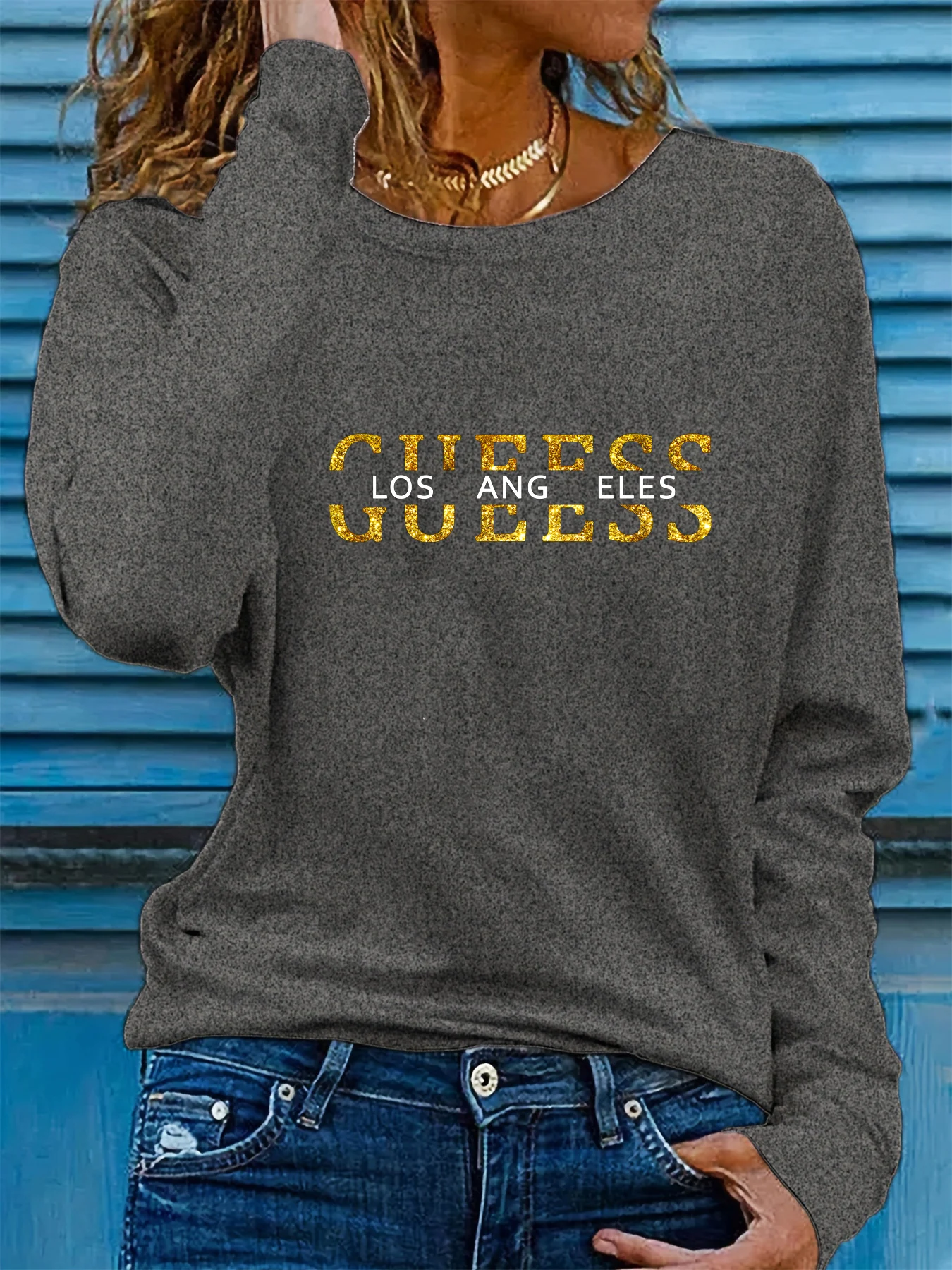 Spring and Autumn Women's 100% Cotton Fashion Casual Loose Los Angeles Letter Pattern Printed Long Sleeve Round Neck T-shirt