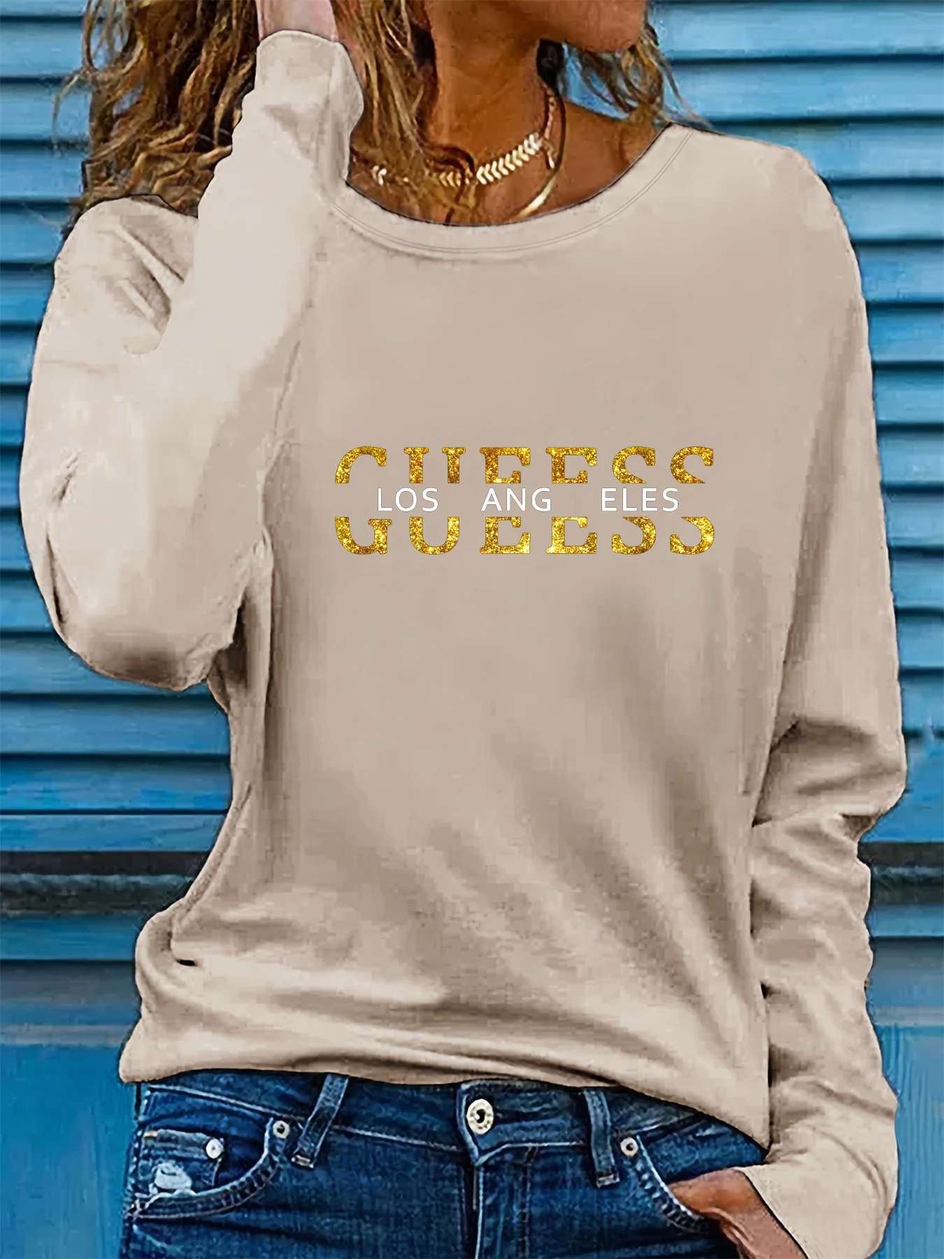 Spring and Autumn Women's 100% Cotton Fashion Casual Loose Los Angeles Letter Pattern Printed Long Sleeve Round Neck T-shirt
