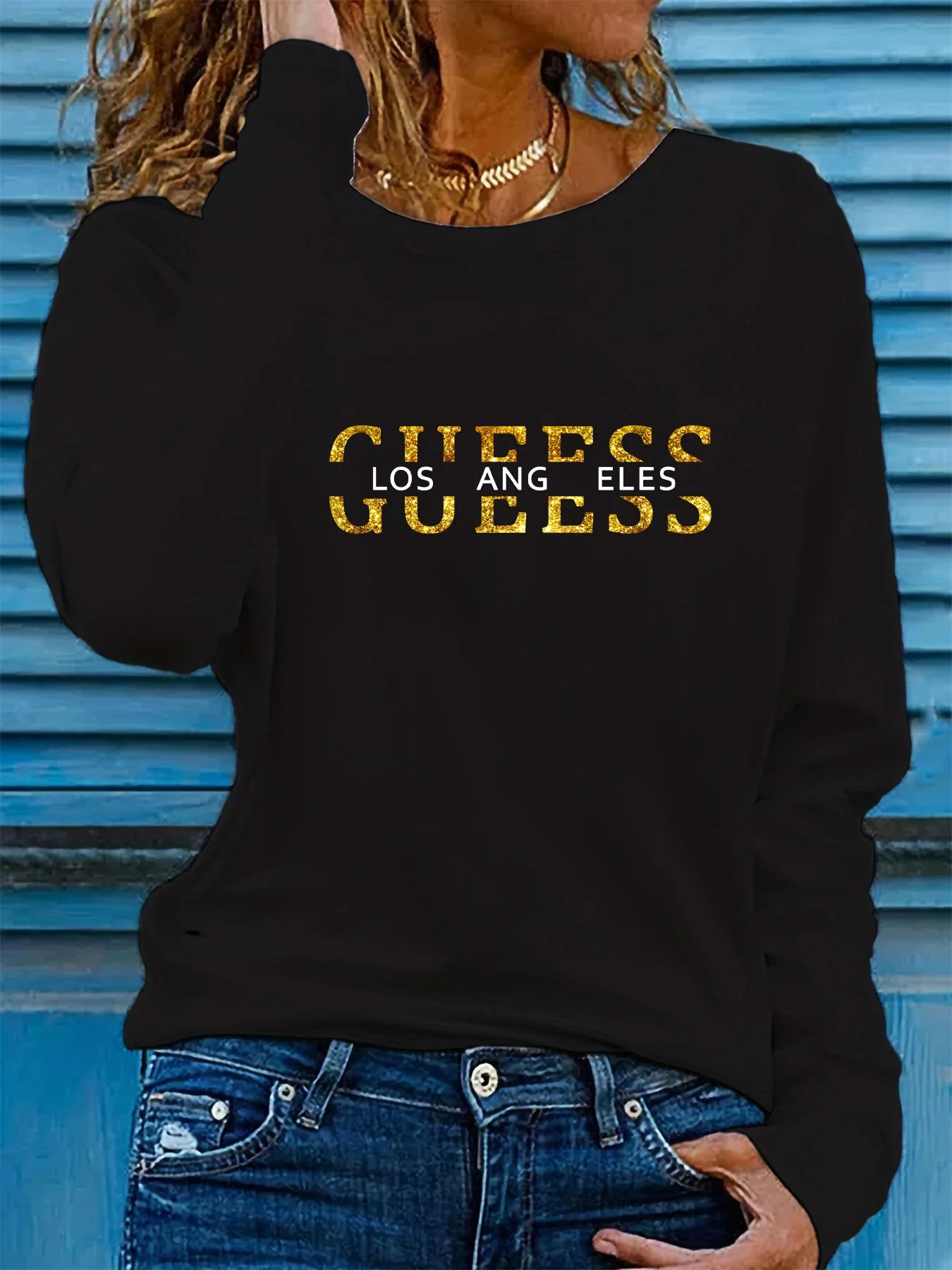 Spring and Autumn Women's 100% Cotton Fashion Casual Loose Los Angeles Letter Pattern Printed Long Sleeve Round Neck T-shirt
