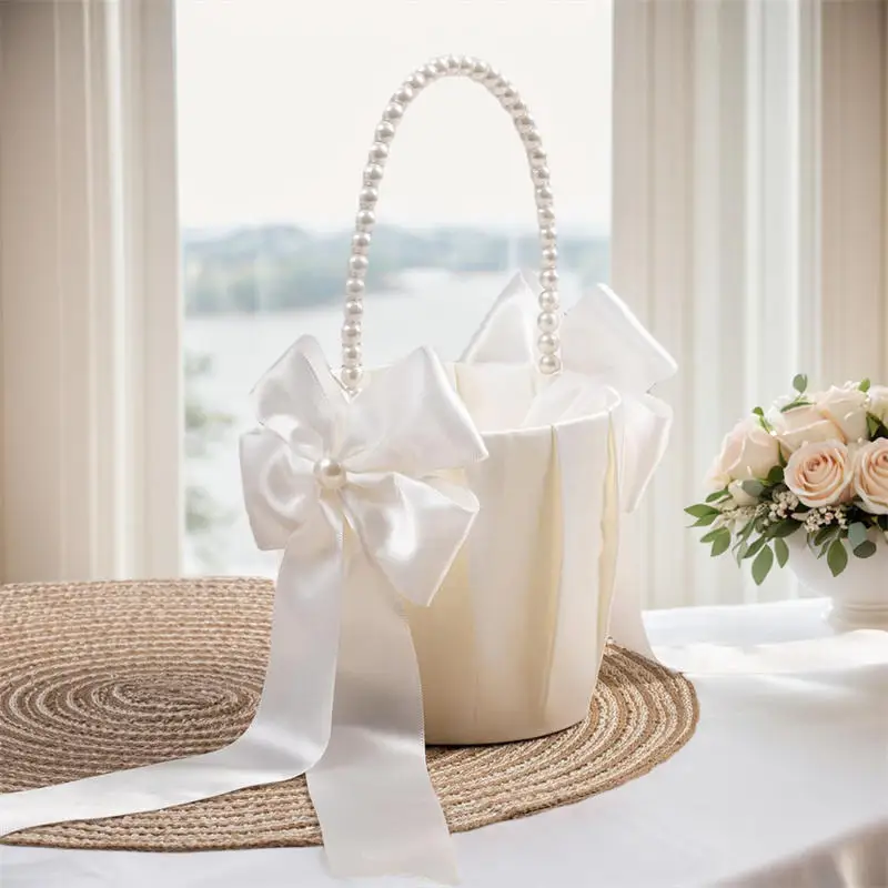 1-2pcs Pearl Handle Flower Basket Satin White Western Rustic Bowknot Wedding Basket Foldable Flower Basket For Floral Petals