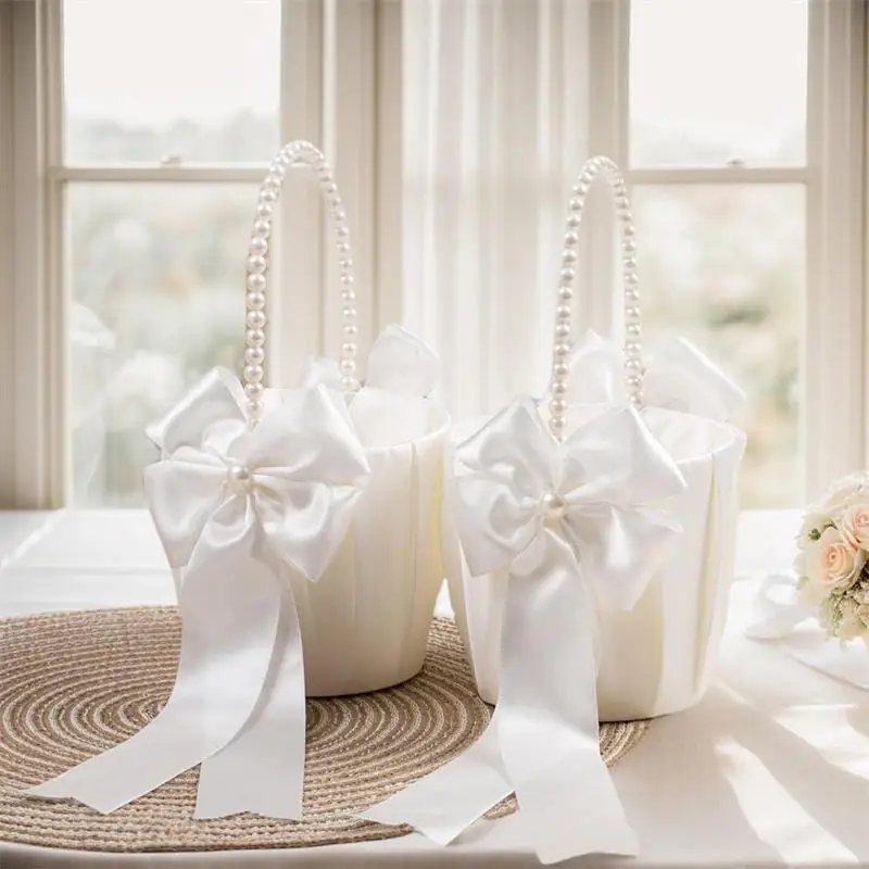 1-2pcs Pearl Handle Flower Basket Satin White Western Rustic Bowknot Wedding Basket Foldable Flower Basket For Floral Petals