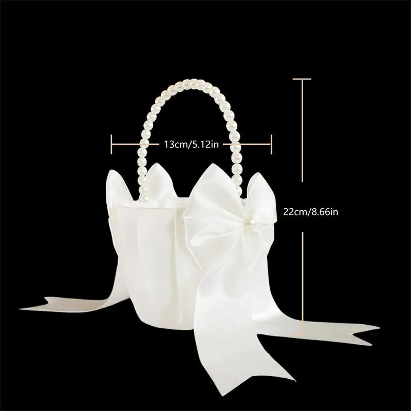 1-2pcs Pearl Handle Flower Basket Satin White Western Rustic Bowknot Wedding Basket Foldable Flower Basket For Floral Petals
