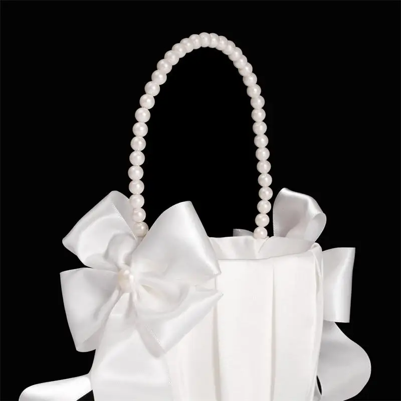 1-2pcs Pearl Handle Flower Basket Satin White Western Rustic Bowknot Wedding Basket Foldable Flower Basket For Floral Petals