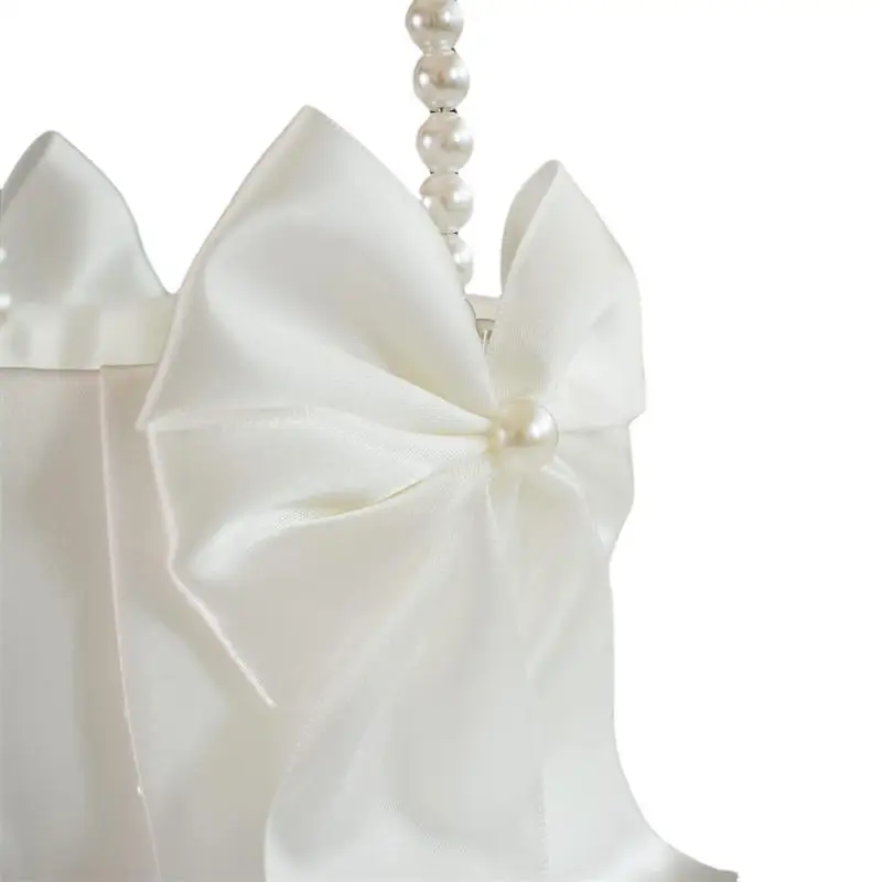 1-2pcs Pearl Handle Flower Basket Satin White Western Rustic Bowknot Wedding Basket Foldable Flower Basket For Floral Petals
